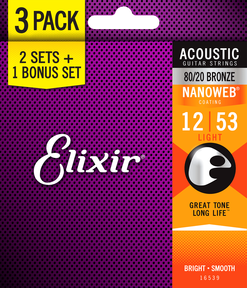 Elixir 16539 Acoustic 80/20 Bronze NANOWEB 012-053 3-pack