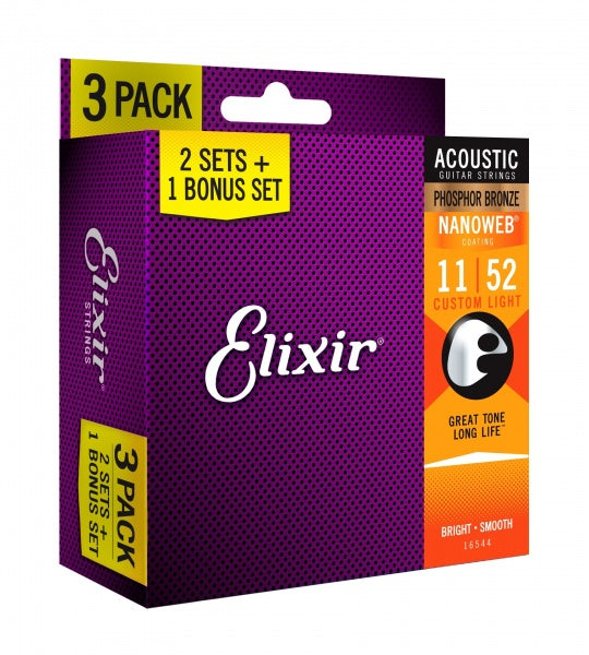 Elixir 16544 Phosphor Bronze Acoustic NANOWEB 011-052, 3 pack