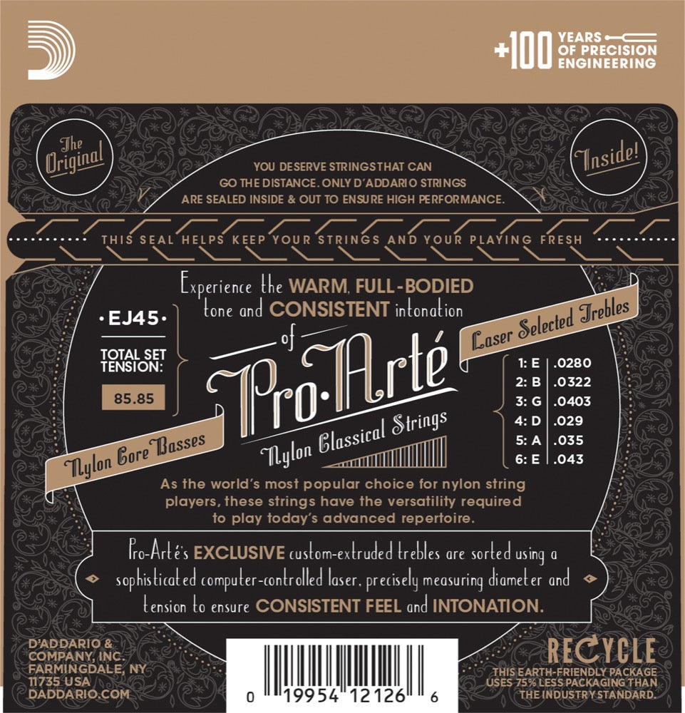 D'Addario strengesett klassisk gitar EJ45, Normal Tension. Pro Arte Nylon Core