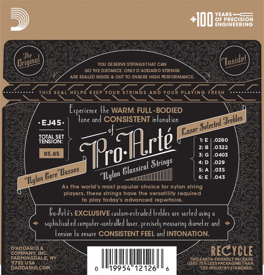 D'Addario strengesett klassisk gitar EJ45, Normal Tension. Pro Arte Nylon Core