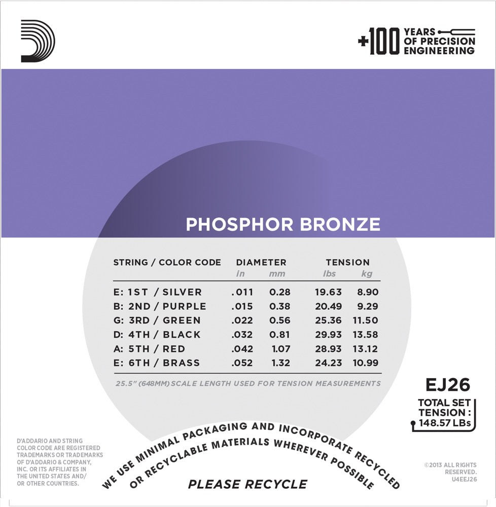 D'Addario strengesett akk.gitar - EJ26 Custom Light 011 - 052 phosphor bronze