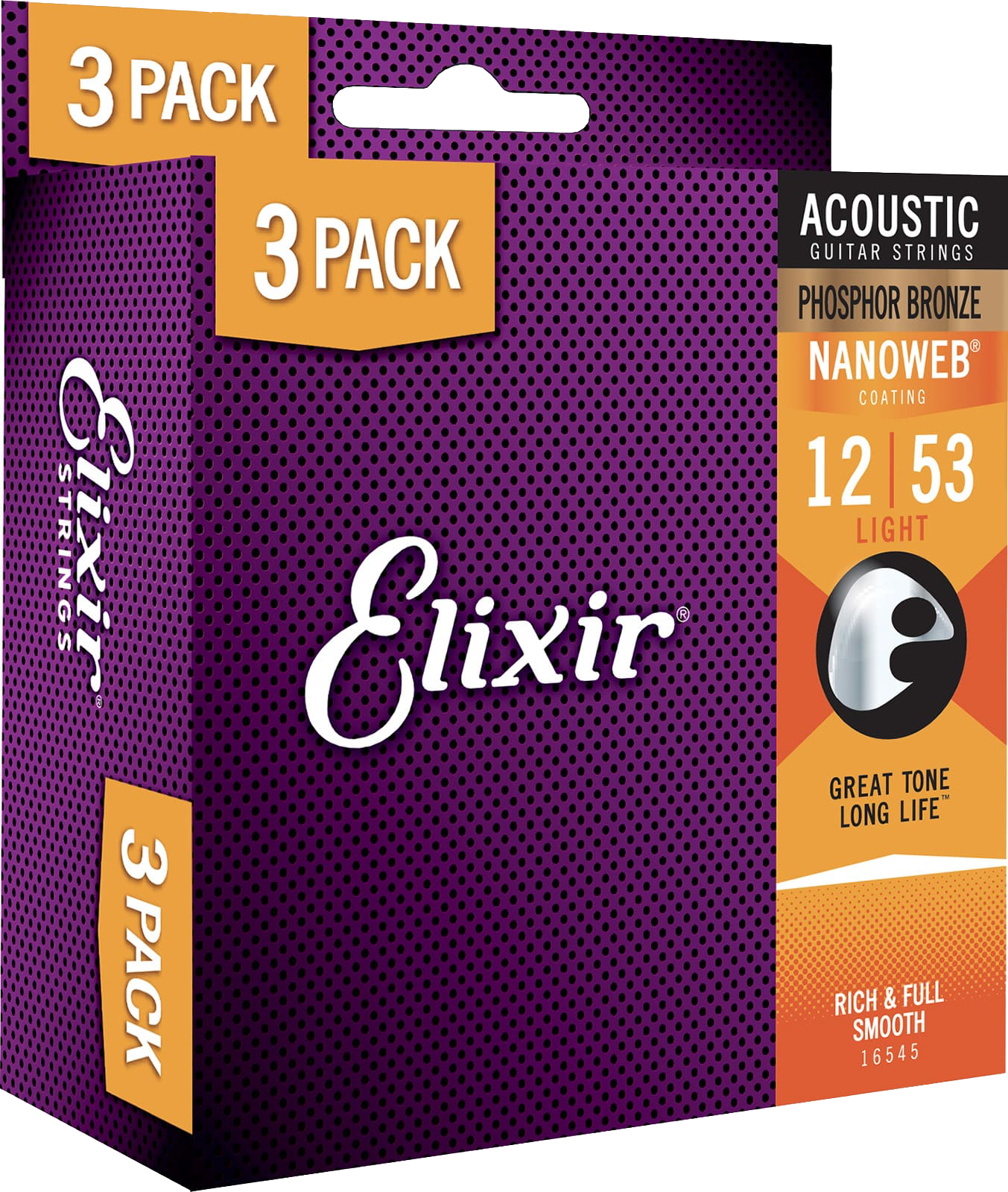 Elixir 16545 Phosphor Bronze Acoustic NANOWEB 012-053, 3 pack