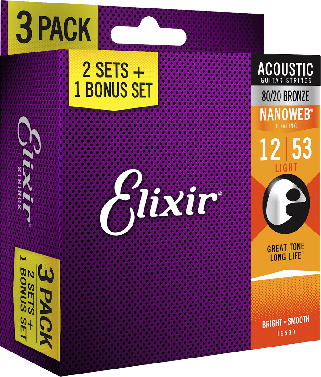Elixir 16539 Acoustic 80/20 Bronze NANOWEB 012-053 3-pack